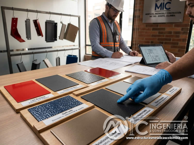 Texturas de pintura en polvo para aplicaciones decorativas y funcionales en Bogotá, Colombia. Montajes, Ingeniería y Construcción. MIC SAS.