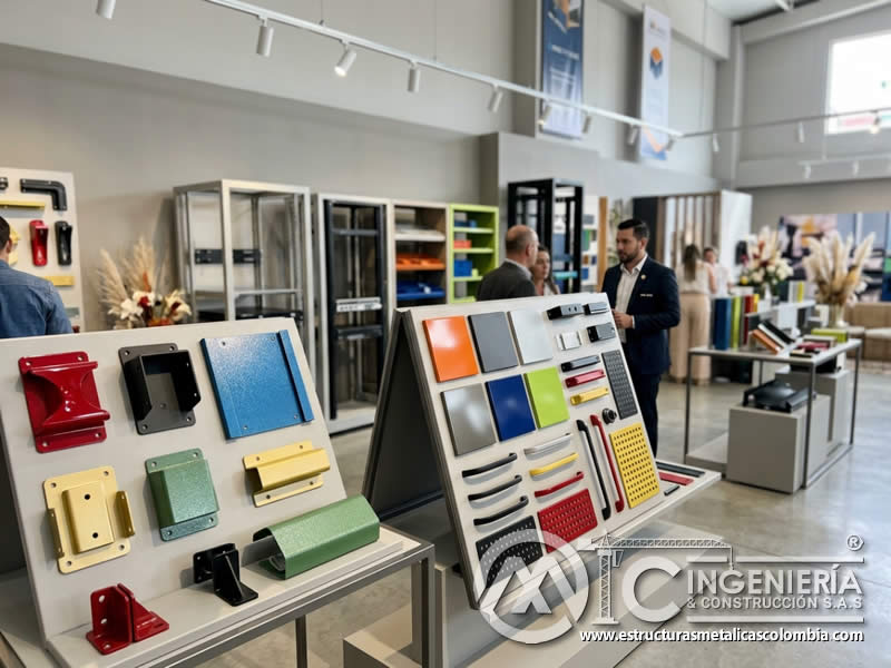 Acabados de pintura en polvo para visualización de productos en exhibiciones en Bogotá, Colombia. Montajes, Ingeniería y Construcción. MIC SAS.