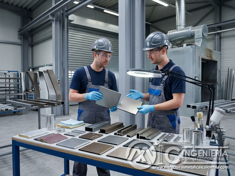 Muestras de acabados metálicos con pintura industrial en Bogotá, Colombia. Montajes, Ingeniería y Construcción. MIC SAS.