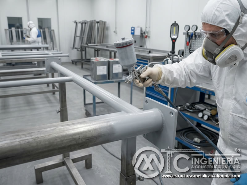 Aplicación controlada de pintura antimicrobiana sobre metal en Bogotá, Colombia. Montajes, Ingeniería y Construcción. MIC SAS.