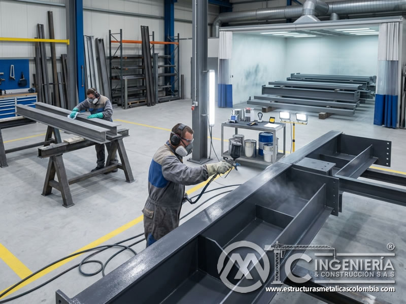 Aplicación en taller de pintura industrial para metal en Bogotá, Colombia. Montajes, Ingeniería y Construcción. MIC SAS.
