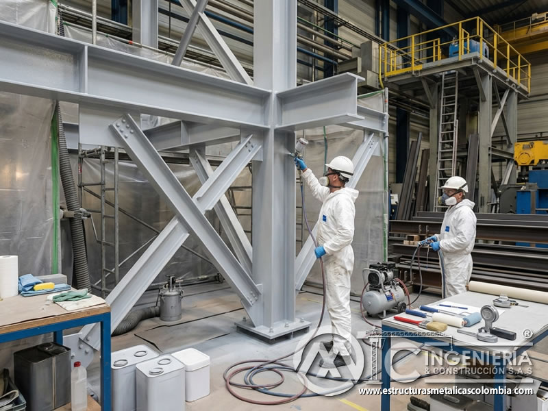 Aplicación en sitio de pintura industrial sobre estructura metálica en Bogotá, Colombia. Montajes, Ingeniería y Construcción. MIC SAS.