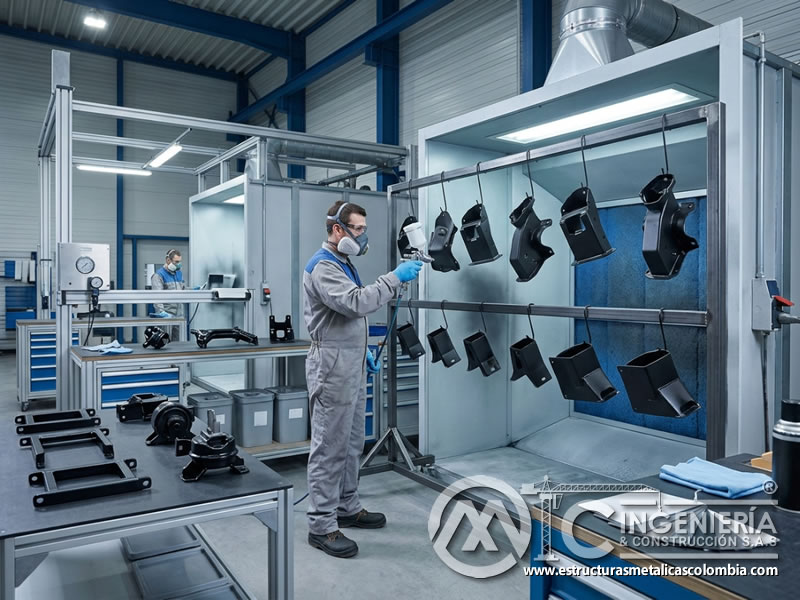 Pintura industrial en componentes metálicos automotrices en Bogotá, Colombia. Montajes, Ingeniería y Construcción. MIC SAS.