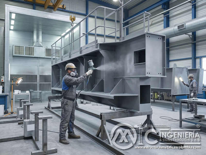 Aplicación por pulverización de pintura industrial sobre metal en Bogotá, Colombia. Montajes, Ingeniería y Construcción. MIC SAS.
