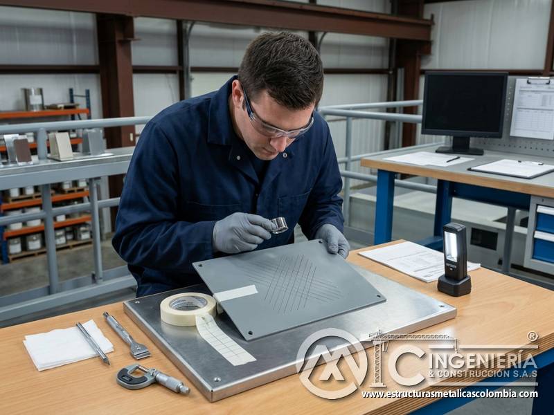 Prueba de adherencia normativa de pintura industrial en Bogotá, Colombia. Montajes, Ingeniería y Construcción. MIC SAS.