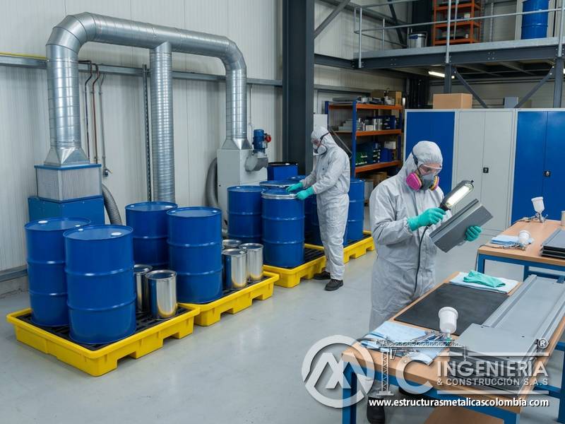 Almacenamiento seguro de residuos peligrosos de pintura industrial en Bogotá, Colombia. Montajes, Ingeniería y Construcción. MIC SAS.