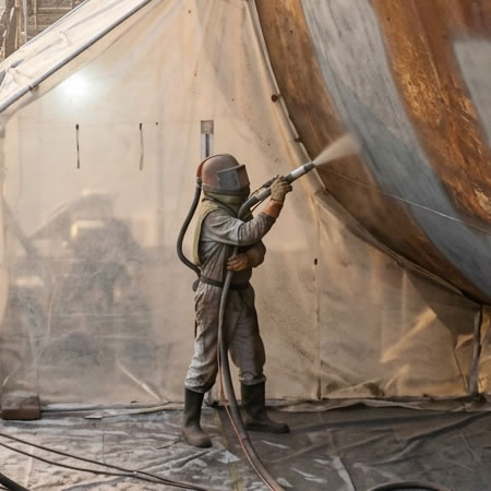 Chorro abrasivo a presión para crear un perfil de anclaje uniforme antes de pintar en Bogotá, Colombia. Montajes, Ingeniería y Construcción. MIC SAS.