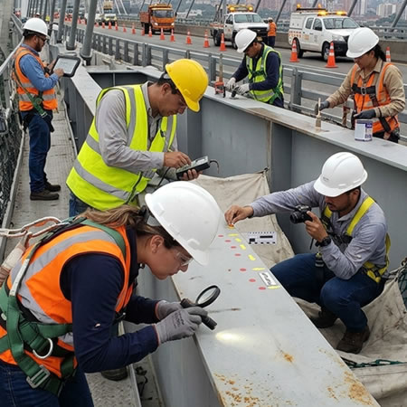 Revisión visual de ampollas, descamación, óxido, picaduras, decoloración y textura en Bogotá, Colombia. Montajes, Ingeniería y Construcción. MIC SAS.