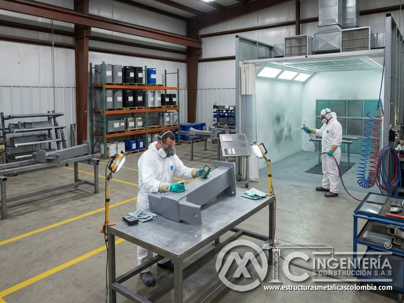 Zonas delimitadas, equipos protegidos y recubrimiento uniforme en aplicación de pintura industrial en Bogotá, Colombia. Montajes, Ingeniería y Construcción. MIC SAS.
