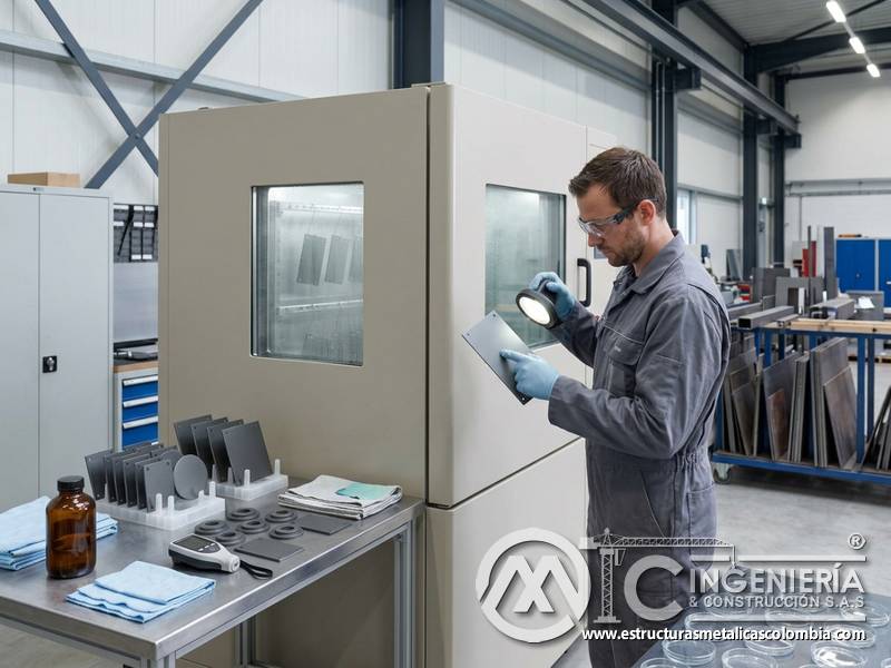Ensayos de humedad y niebla salina para evaluar recubrimientos industriales sobre metal en Bogotá, Colombia. Montajes, Ingeniería y Construcción. MIC SAS.