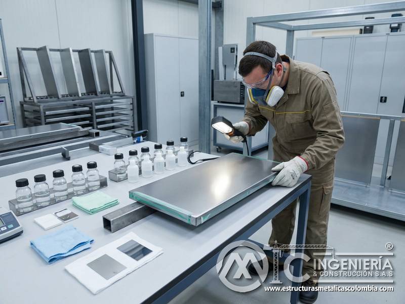 Pruebas ante solventes, aceites y agentes químicos en pintura industrial aplicada a metal en Bogotá, Colombia. Montajes, Ingeniería y Construcción. MIC SAS.