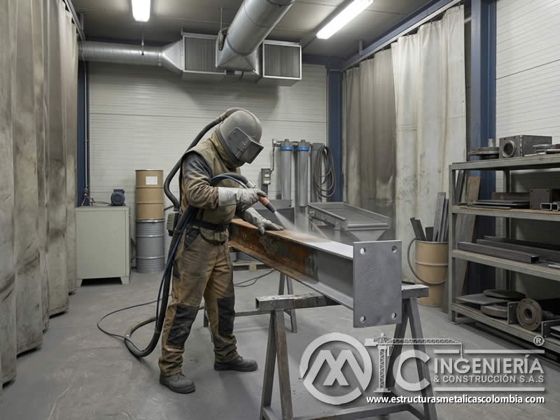 Operador de sandblasting realizando limpieza profunda de acero en Bogotá, Colombia. Montajes, Ingeniería y Construcción. MIC SAS.