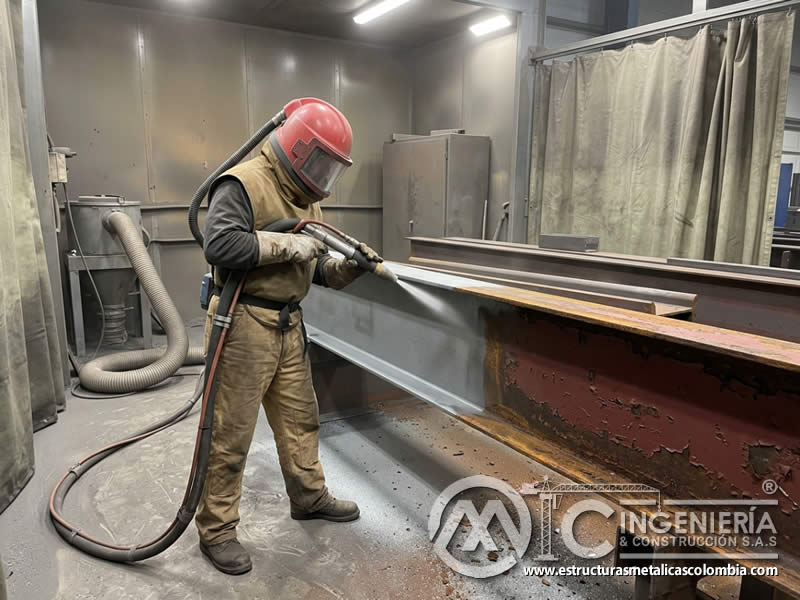 Limpieza de óxido y pintura deteriorada mediante sandblasting en Bogotá, Colombia. Montajes, Ingeniería y Construcción. MIC SAS.