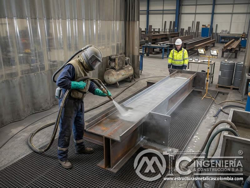 Chorro de arena húmedo para control de polvo en superficies industriales en Bogotá, Colombia. Montajes, Ingeniería y Construcción. MIC SAS.