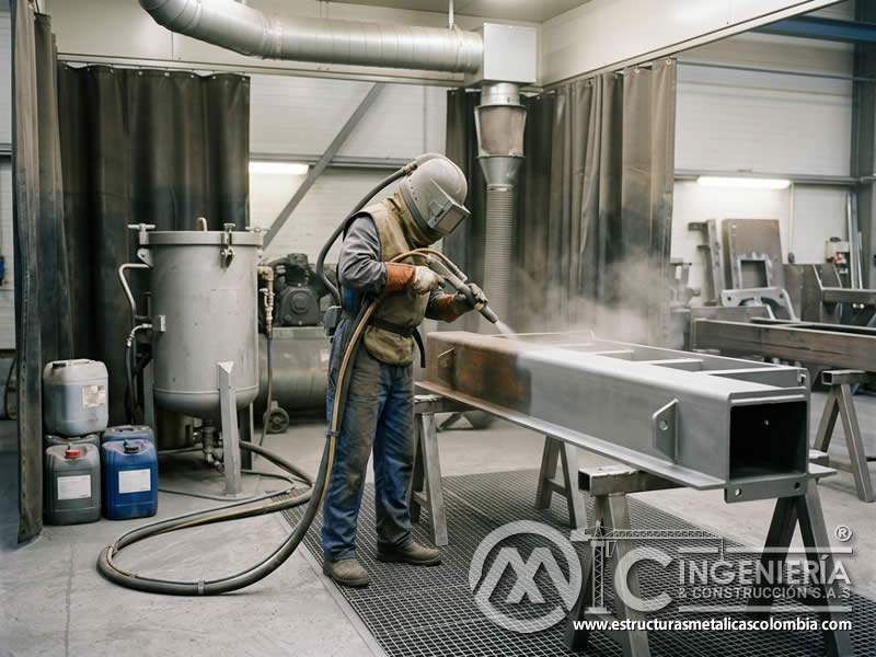 Compresor y tanque de abrasivo para sandblasting industrial en Bogotá, Colombia. Montajes, Ingeniería y Construcción. MIC SAS.