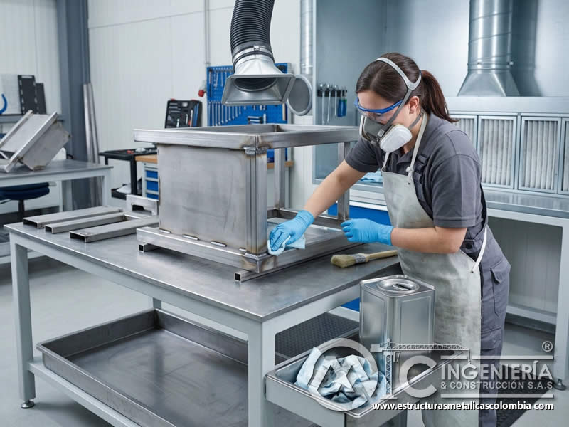 Desengrase con solventes sobre superficie metálica industrial en Bogotá, Colombia. Montajes, Ingeniería y Construcción. MIC SAS.