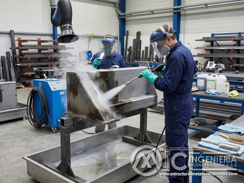 Desengrase con vapor antes de aplicar recubrimiento industrial en Bogotá, Colombia. Montajes, Ingeniería y Construcción. MIC SAS.