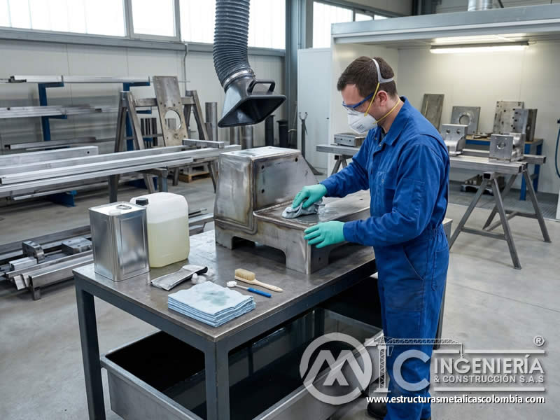 Proceso de desengrase con solventes para preparación de superficie en Bogotá, Colombia. Montajes, Ingeniería y Construcción. MIC SAS.