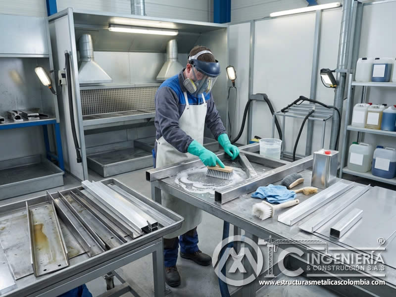 Desengrase con detergentes industriales sobre metal preparado en Bogotá, Colombia. Montajes, Ingeniería y Construcción. MIC SAS.