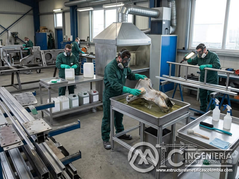 Seguridad en proceso de desengrase con EPP y ventilación en Bogotá, Colombia. Montajes, Ingeniería y Construcción. MIC SAS.