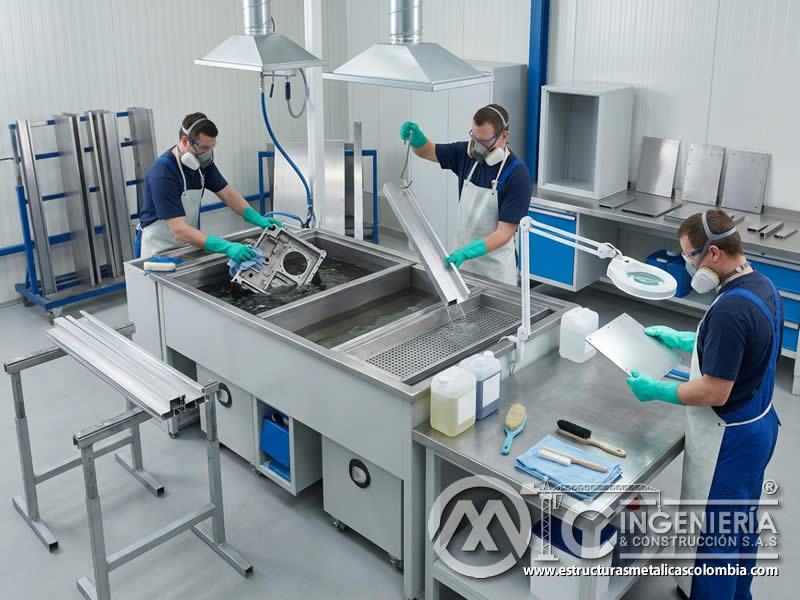Desengrase alcalino de piezas metálicas para recubrimiento industrial en Bogotá, Colombia. Montajes, Ingeniería y Construcción. MIC SAS.