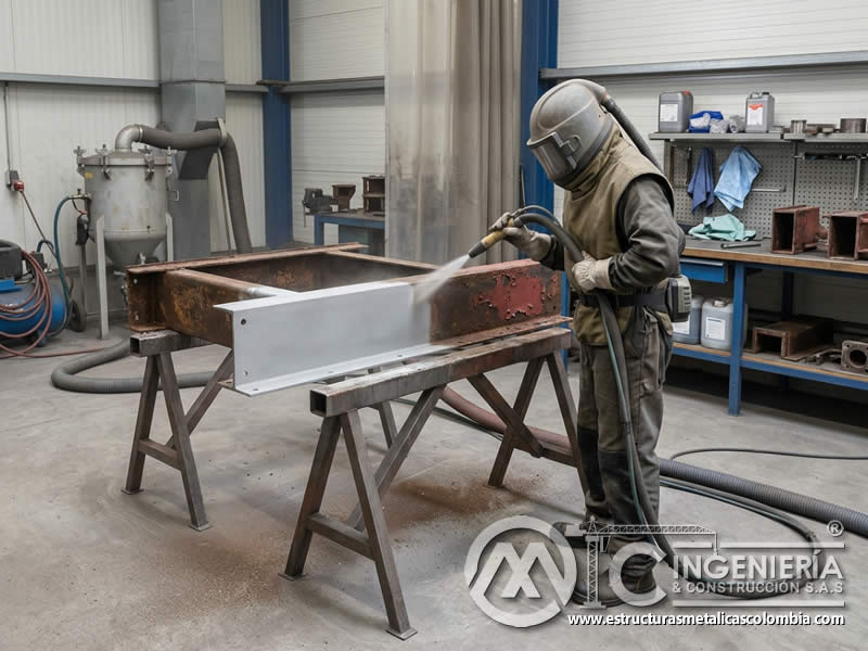 Chorro de arena para eliminación de óxido y corrosión en metal en Bogotá, Colombia. Montajes, Ingeniería y Construcción. MIC SAS.