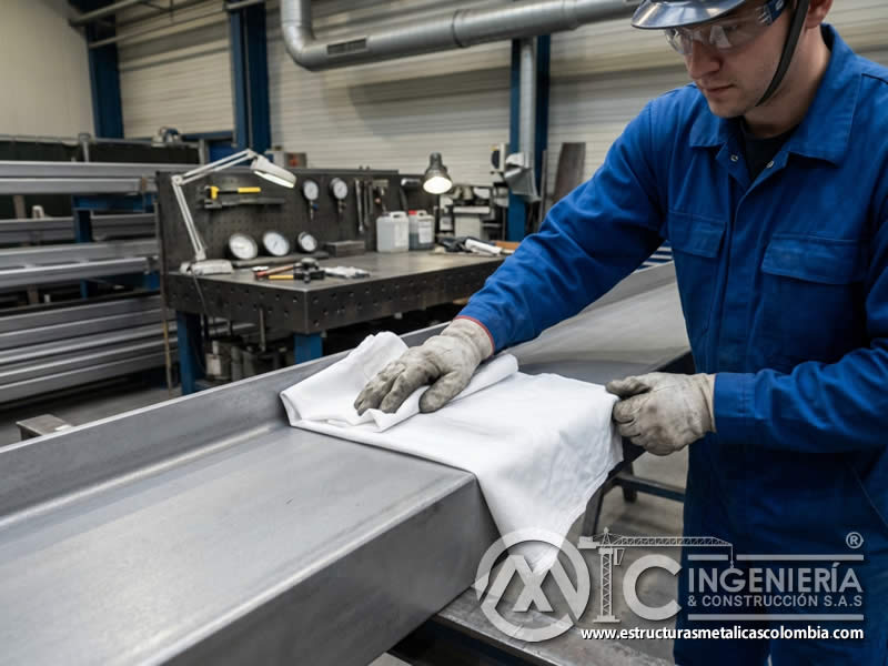 Prueba de trapo blanco sobre metal desoxidado antes de pintura en Bogotá, Colombia. Montajes, Ingeniería y Construcción. MIC SAS.