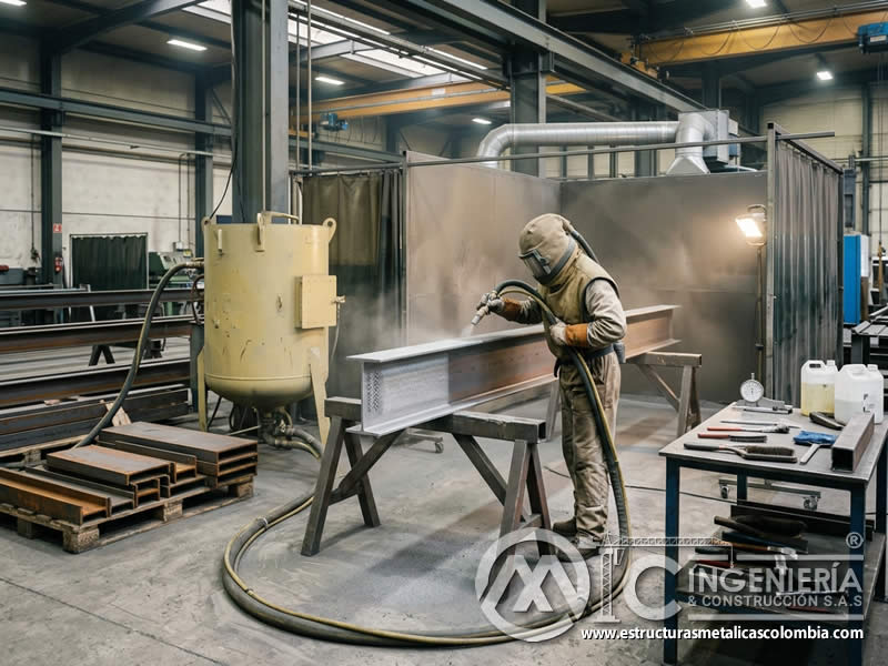 Máquina de sandblasting para preparación de superficie metálica en Bogotá, Colombia. Montajes, Ingeniería y Construcción. MIC SAS.