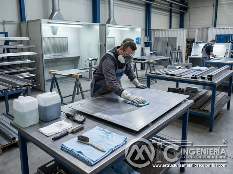 Desengrase de superficie metálica para evitar fallas de adherencia en pintura industrial en Bogotá, Colombia. Montajes, Ingeniería y Construcción. MIC SAS.