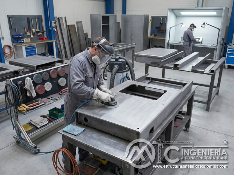 Lijado técnico de elementos metálicos como preparación previa a pintura industrial en Bogotá, Colombia. Montajes, Ingeniería y Construcción. MIC SAS.