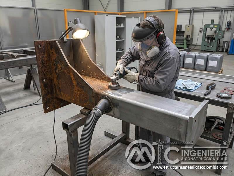 Retiro de óxido y corrosión en piezas metálicas antes de protegerlas con pintura industrial en Bogotá, Colombia. Montajes, Ingeniería y Construcción. MIC SAS.