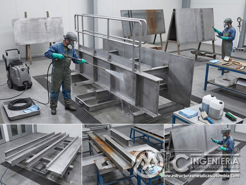 Hidrolavado a presión para retirar residuos antes de recubrir superficies industriales en Bogotá, Colombia. Montajes, Ingeniería y Construcción. MIC SAS.