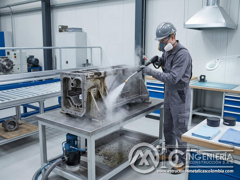 Limpieza con vapor aplicada a superficie industrial antes de pintar en Bogotá, Colombia. Montajes, Ingeniería y Construcción. MIC SAS.