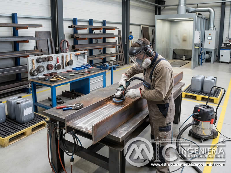 Limpieza mecánica de superficies metálicas antes de aplicar pintura industrial en Bogotá, Colombia. Montajes, Ingeniería y Construcción. MIC SAS.