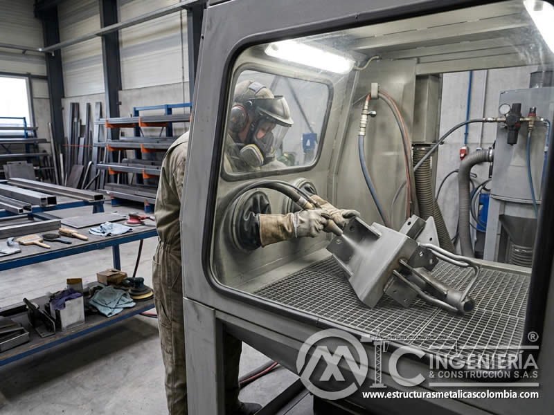 Cabina de sandblasting para preparar piezas antes de recubrimiento industrial en Bogotá, Colombia. Montajes, Ingeniería y Construcción. MIC SAS.