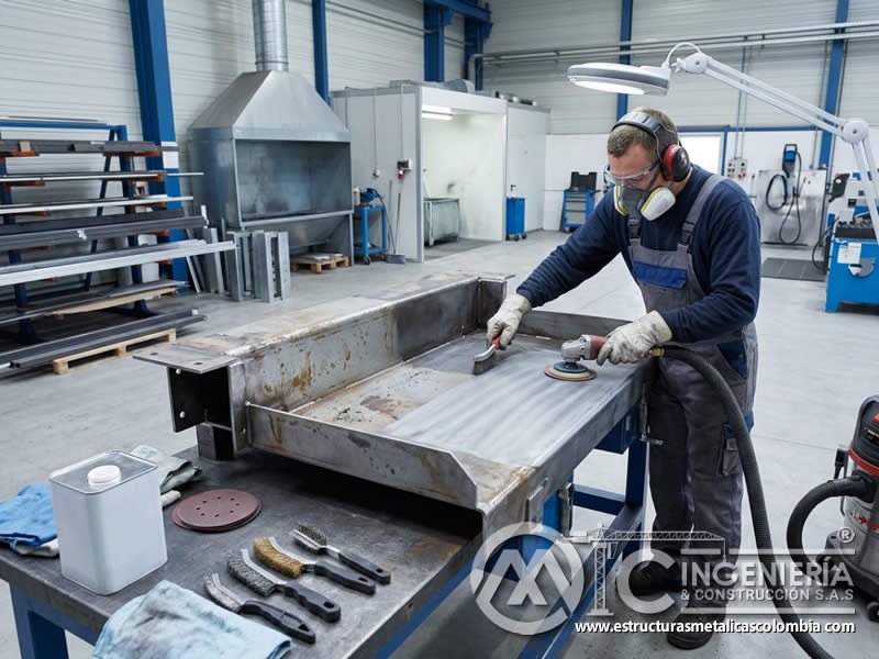 Cepillado y lijado técnico para preparación de superficie metálica industrial en Bogotá, Colombia. Montajes, Ingeniería y Construcción. MIC SAS.