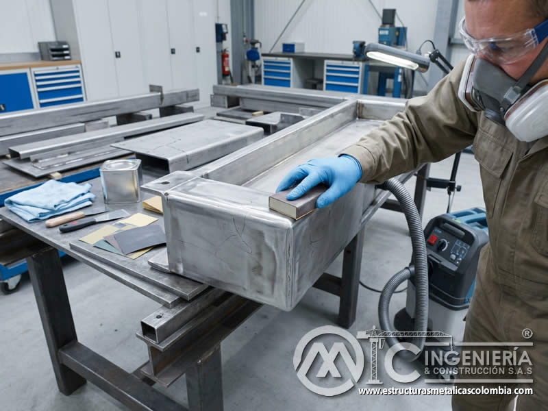 Lijado manual de superficie dañada para pintura industrial en Bogotá, Colombia. Montajes, Ingeniería y Construcción. MIC SAS.