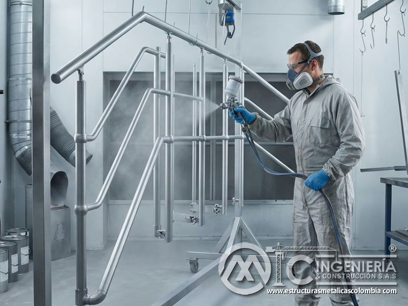 Pintado de barandas metálicas por pulverización industrial en Bogotá, Colombia. Montajes, Ingeniería y Construcción. MIC SAS.