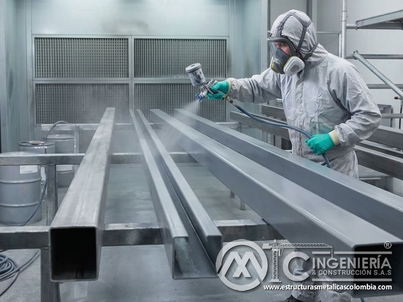 Pintura industrial pulverizada sobre perfiles metálicos en Bogotá, Colombia. Montajes, Ingeniería y Construcción. MIC SAS.