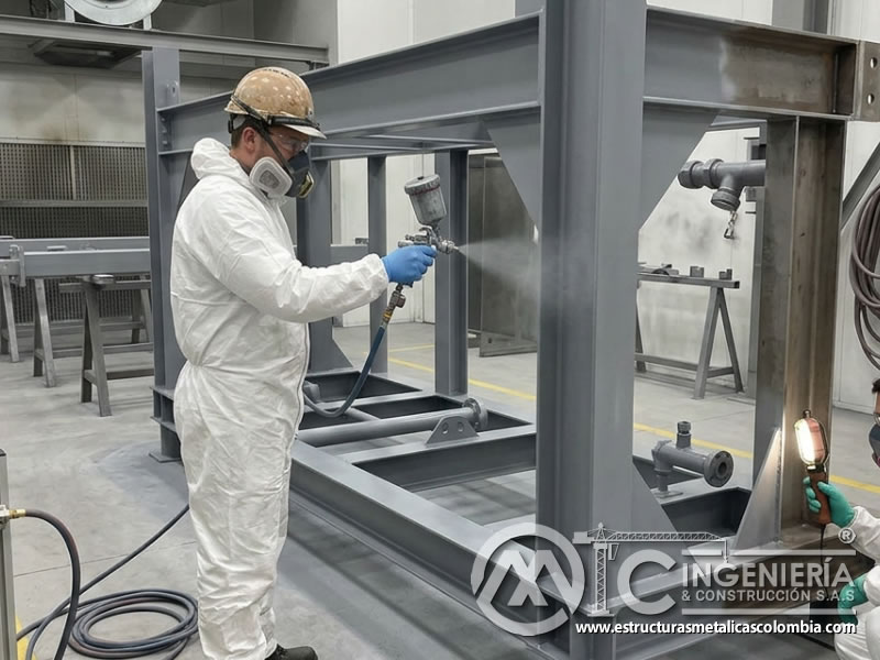 Pulverización de imprimante industrial sobre acero preparado en Bogotá, Colombia. Montajes, Ingeniería y Construcción. MIC SAS.