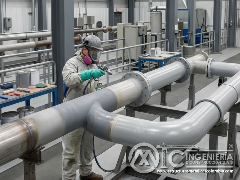Aplicación multicapa de pintura industrial en tuberías metálicas en Bogotá, Colombia. Montajes, Ingeniería y Construcción. MIC SAS.