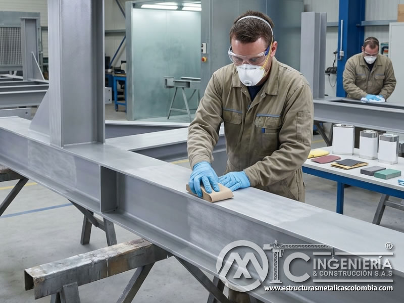 Lijado suave entre capas de pintura industrial sobre metal en Bogotá, Colombia. Montajes, Ingeniería y Construcción. MIC SAS.