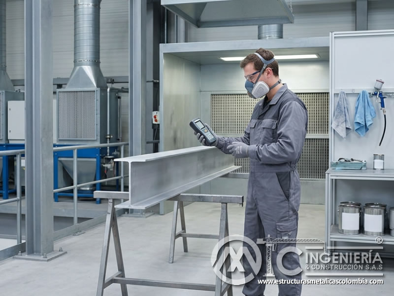 Medición de condiciones antes de pintar metal industrial en Bogotá, Colombia. Montajes, Ingeniería y Construcción. MIC SAS.