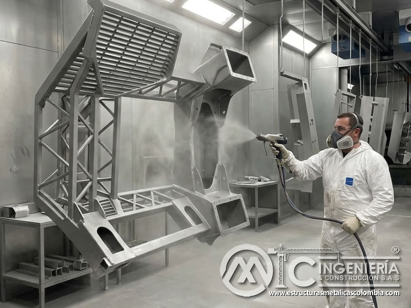 Pulverización electrostática de pintura industrial en Bogotá, Colombia. Montajes, Ingeniería y Construcción. MIC SAS.