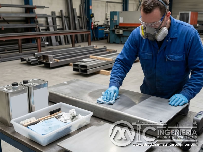 Limpieza química de superficie antes de pintura industrial en Bogotá, Colombia. Montajes, Ingeniería y Construcción. MIC SAS.