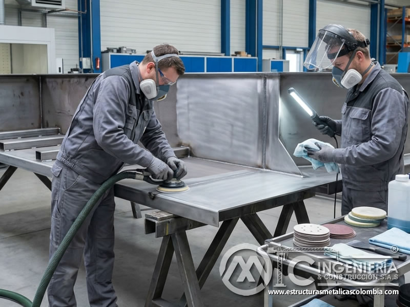 Lijado y pulido previo a pintura industrial en metal en Bogotá, Colombia. Montajes, Ingeniería y Construcción. MIC SAS.