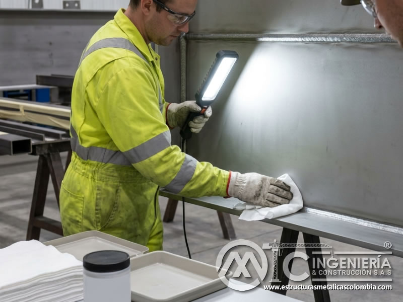 Verificación de desengrase antes de pintura industrial en Bogotá, Colombia. Montajes, Ingeniería y Construcción. MIC SAS.