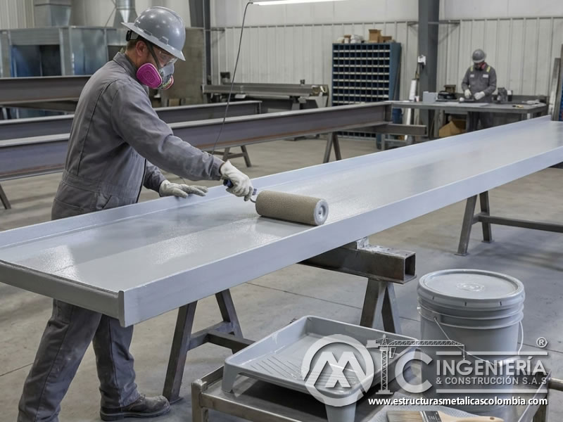 Acabado con rodillo uniforme en pintura industrial metálica en Bogotá, Colombia. Montajes, Ingeniería y Construcción. MIC SAS.