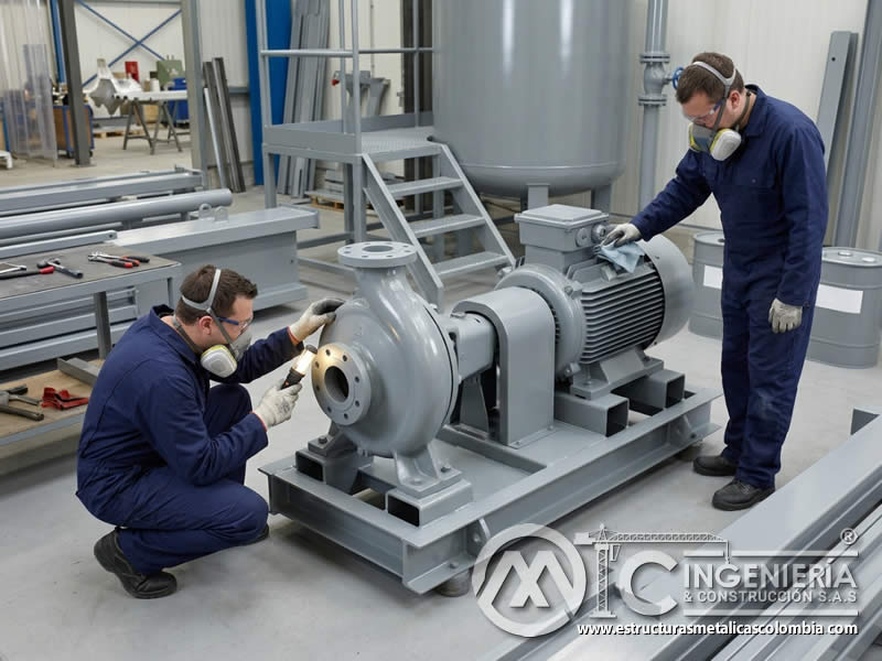 Aplicación de pintura industrial en equipos industriales para proteger maquinaria, bombas, compresores y componentes de producción en Bogotá, Colombia. Montajes, Ingeniería y Construcción. MIC SAS.