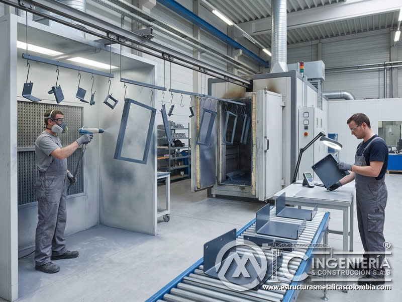 Funcionamiento del recubrimiento en polvo con carga electrostática, adhesión de partículas, horno de curado y acabado resistente en Bogotá, Colombia. Montajes, Ingeniería y Construcción. MIC SAS.
